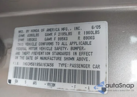 2005 Honda Accord 2.4 Dx из США, поврежденный, VIN 1HGCM56195A163456